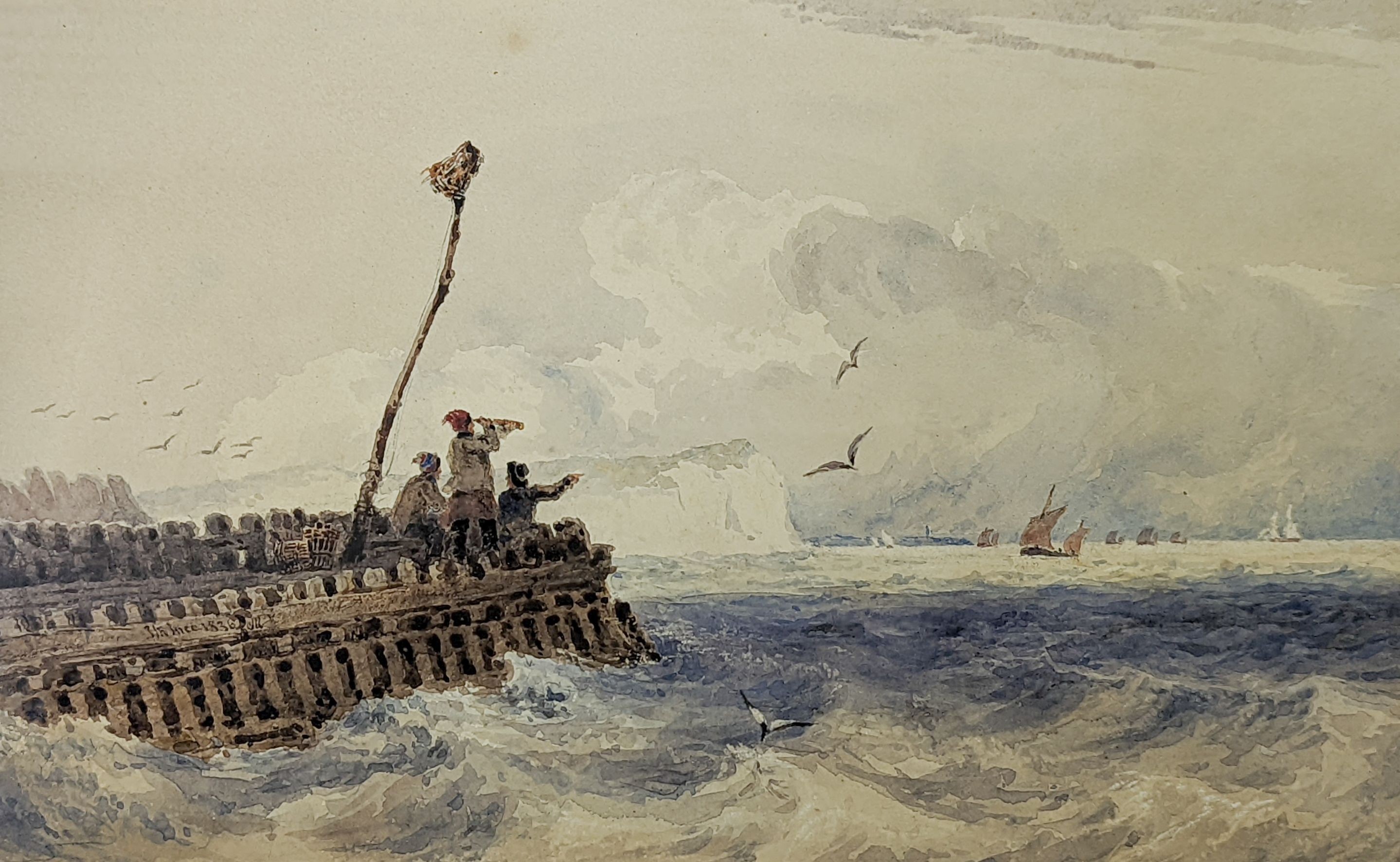 Joseph Murray Ince (1806-1859), watercolour, Fisherman on a jetty looking out to sea, signed and dated 1836, 20 x 33cm